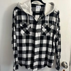 Hurley black and white “flannel” shirt material.  Gently worn